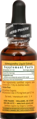 Herb Pharm Certified Organic Ashwagandha Extract for Energy and Vitality, Grain, Organic Cane Alcohol, 1 Ounce