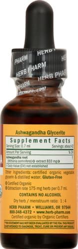 Herb Pharm Organic Ashwagandha Liquid Extract, Alcohol-Free: Mood Support Supplement, Vegan Ashwagandha Root Glycerite, Tasty Non-Bitter Adaptogen Extract for Adults, Non-GMO, 1 Oz