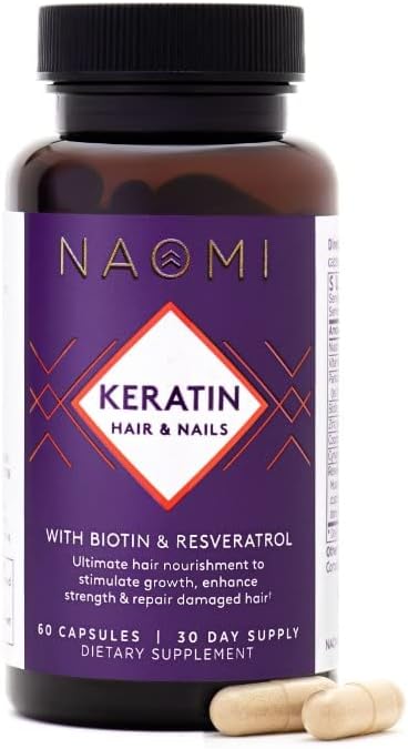 NAOMI Keratin Vegan Hair Growth Supplement for Women, Biotin (Vitamin B) & Zinc, Soluble Keratin, Strong Hair & Nails Vitamins, Added Resveratrol for Healthy Aging, 60 Capsules