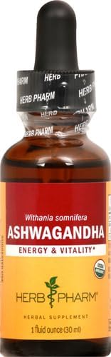 Herb Pharm Certified Organic Ashwagandha Extract for Energy and Vitality, Grain, Organic Cane Alcohol, 1 Ounce