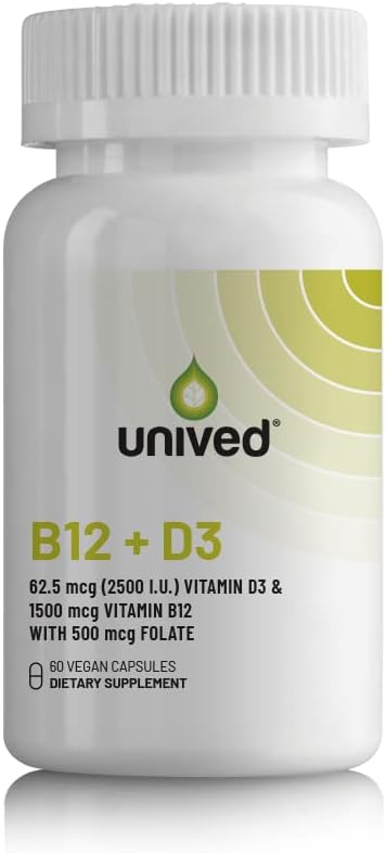 Unived Vegan B12 + D3, B12 (1500mcg Methylcobalamin), D3 (2500IU, Lichen), B9 (500mcg 5-MTHF) & Moringa, Immune Bone & Heart, Energy & Metabolism, 60c