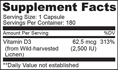 NATURELO Vitamin D3 - Lichen-Powered Immune Boost, with 2500 IU for Bone Health - Whole Food Formula - Vegan Gluten-Free - 180 Mini Capsules (2 Pack)