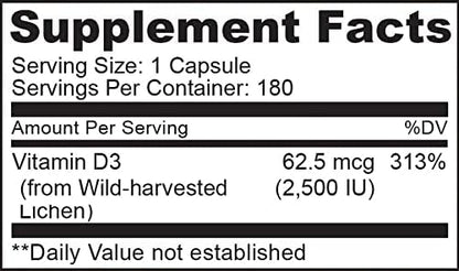 NATURELO Vitamin D3 - Lichen-Powered Immune Boost, with 2500 IU for Bone Health - Whole Food Formula - Vegan Gluten-Free - 180 Mini Capsules (2 Pack)