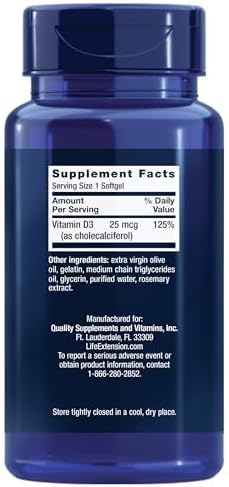 Life Extension Vitamin D3 25 mcg (1000 IU), Immune System Support, Bone Health, Whole-Body Health, Value Size, Gluten-Free, Non-GMO – Two Pack - 2 x 250 Softgels