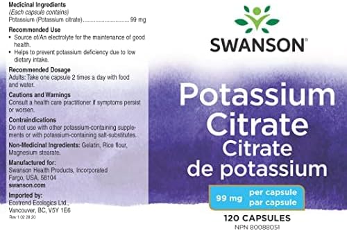 Swanson Potassium Citrate - Mineral Supplement Promoting Heart Health & Energy Support - Aids Optimal Nerve & Kidney Function with Natural Ingredients - (120 Capsules, 99mg Each)