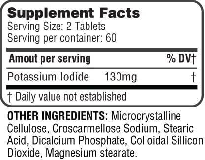 Potassium Iodide Tablets 130 mg - KI Tablets- Potassium Iodine Tablets 130 mg - USA Made Potassium Iodine Pills YODO Naciente, Yoduro de potasio - 120 Tablets