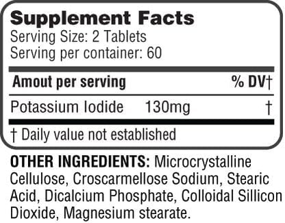 Potassium Iodide Tablets 130 mg - KI Tablets- Potassium Iodine Tablets 130 mg - USA Made Potassium Iodine Pills YODO Naciente, Yoduro de potasio - 120 Tablets