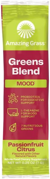 Amazing Grass Greens Blend Mood: Super Greens Powder Smoothie Mix for Mood, Relaxation & Stress Support with Organic Spirulina, Chlorella, Beet Root Powder, Digestive Enzymes & Probiotics, 15 Servings