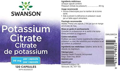 Swanson Potassium Citrate - Mineral Supplement Promoting Heart Health & Energy Support - Aids Optimal Nerve & Kidney Function with Natural Ingredients - (120 Capsules, 99mg Each)