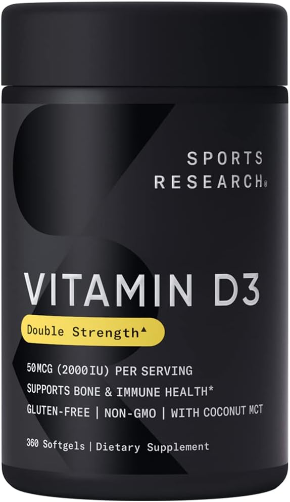 Sports Research Vitamin D3 2000 IU with Coconut MCT Oil - High Potency Vitamin D Supplement for Immune & Bone Support - Non-GMO Verified, Gluten & Soy Free – 50mcg, 360 Liquid Softgels