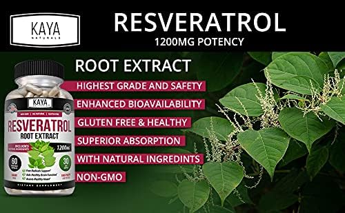 Kaya Naturals - Resveratrol Capsules - Anti Aging Supplement - Antioxidants with Brain Support - Maximum Benefits - 60 Veggies Capsules