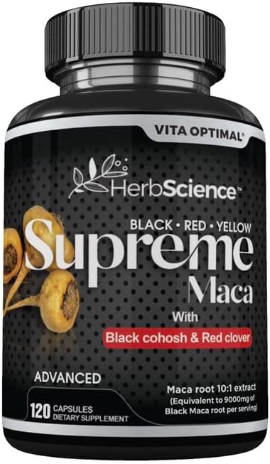 Supreme Maca Capsules 9000 mg, Powerful Black Maca Root Extract, Premium Strength - with Red Maca, Yellow Maca, Black Cohosh, Red Clover & More - Extremely Potent, 120 Capsules