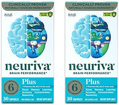 NEURIVA Nootropic Brain Support Supplement Plus Capsules (30ct Bottle) Phosphatidylserine, B6, B12, Folic Acid - Supports Focus, Memory, Learning, Accuracy, Concentration & Reasoning (Pack of 2)