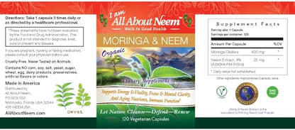 Moringa 400 mg and Neem Leaf 500 mg Capsules - 120 Count Fresh Organic