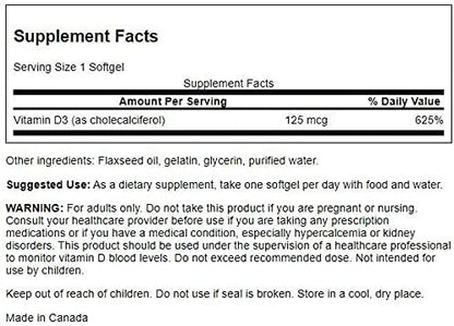 Swanson Vitamin D-3 5000 IU Bone Health Immune Support Healthy Muscle Function D3 Supplement (cholecalciferol) 125 mcg 250 Softgels Count