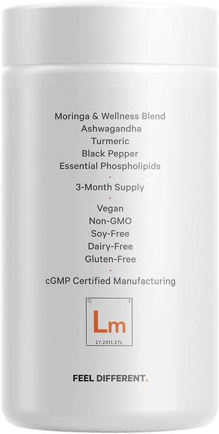 Codeage Liposomal Moringa+ Supplement, 400mg Moringa 50:1 Extract (20,000mg Moringa Oleifera Leaf Equivalent), Turmeric, Ashwagandha, Black Pepper, 3-Month Supply, Vegan Moringa Powder - 180 Capsules