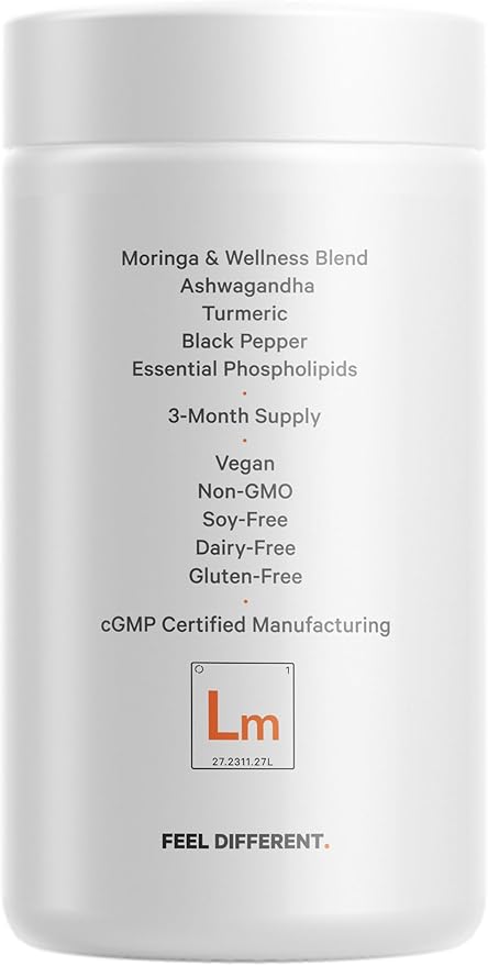 Codeage Liposomal Moringa+ Supplement, 400mg Moringa 50:1 Extract (20,000mg Moringa Oleifera Leaf Equivalent), Turmeric, Ashwagandha, Black Pepper, 3-Month Supply, Vegan Moringa Powder - 180 Capsules