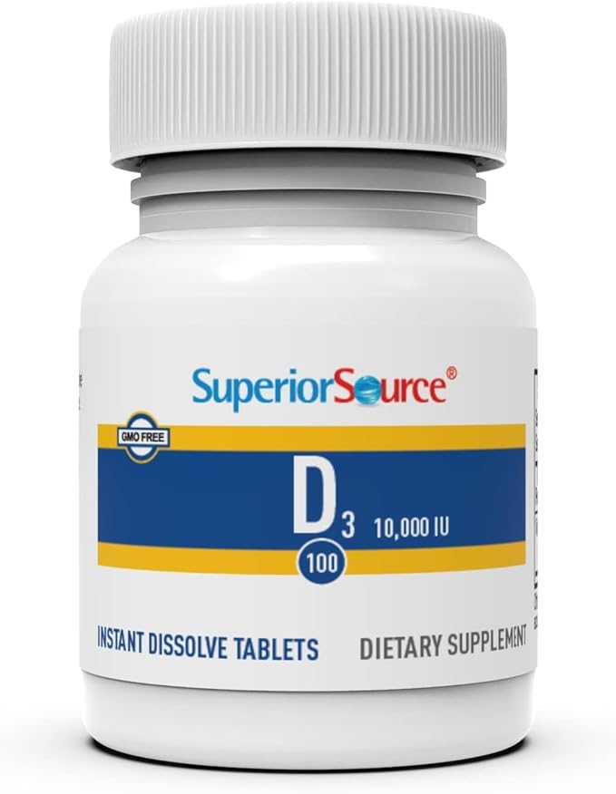 Superior Source Vitamin D3 10000 IU, Quick Dissolve MicroLingual Tablets, 100 Count, Helps Promote Strong Bones and Teeth, Immune Support, Helps Maintain Healthy Muscle Function, Non-GMO