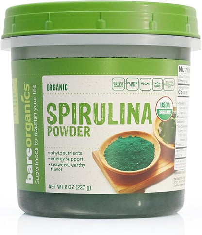 BareOrganics 13132 USDA Organic Raw Spirulina Powder, Whole food supplement, Gluten-Free & Non-GMO, 8 Ounce