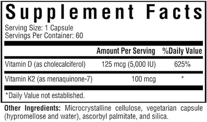 Vitamin D3 + K2 | 5000 IU of D3 (as cholecalciferol) for Optimal Calcium Absorption | 100 mcg of K2 (as menaquinone-7) for Circulatory Health | Supports Bone & Immune Health | 60 Vegetarian Capsules