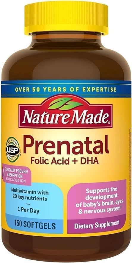 Nature Made Prenatal Folic Acid + DHA, 150 Softgels, Support The Development of Baby's Brain, Nervous System, Bones and Eyes, Absorption of Folic Acid and Iron, 150 Days Supply Bundle