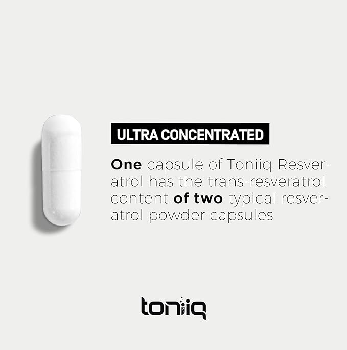 Toniiq Ultra High Purity Resveratrol Capsules - 98% Trans-Resveratrol - Highly Purified and Bioavailable - 60 Caps Reservatrol Supplement