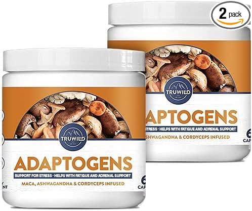 TruWild Adaptogens Vegan Capsule Supplement w/Ashwagandha + Maca w/Full Spectrum Mushrooms – All Natural – 40 Servings