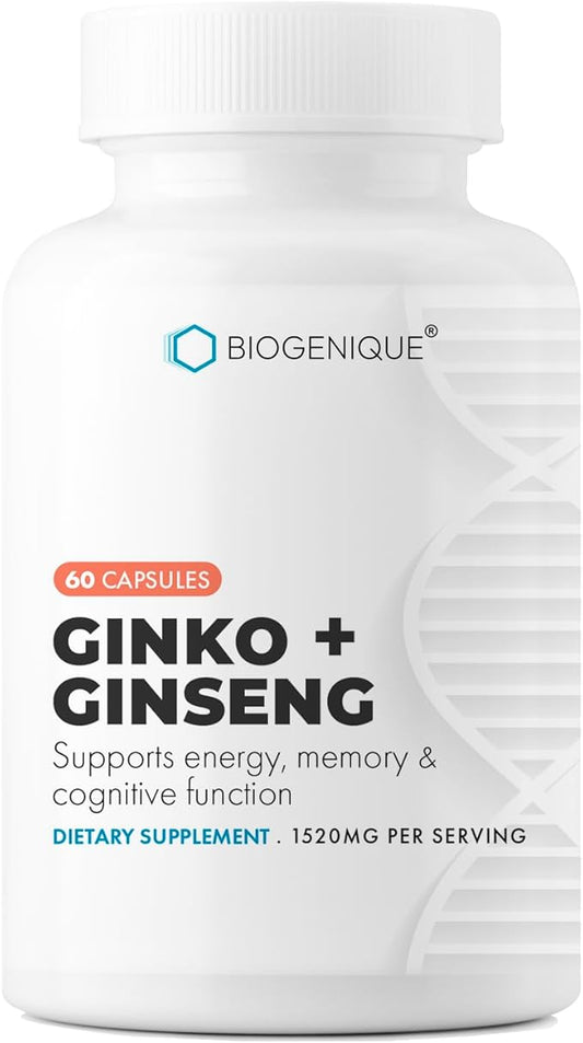 Panax Ginseng + Ginkgo Biloba, Boost Energy, Mood and Focus, Helps Cognitive Function Enhanced Stamina supplemen for Men and Women 60 capsules - Made in USA - Vegan, Non-GMO, Gluten Free