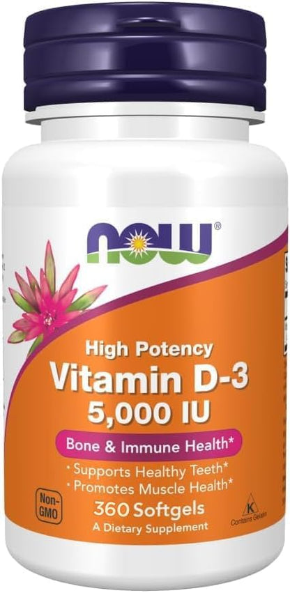 NOW Foods Vitamin D3 (Cholecalciferol) - 5,000 IU, 360 Softgels - High Potency Bone Health and Immunity Support Supplement, Mood Booster - Halal, Kosher - 360 Count (Pack of 1)