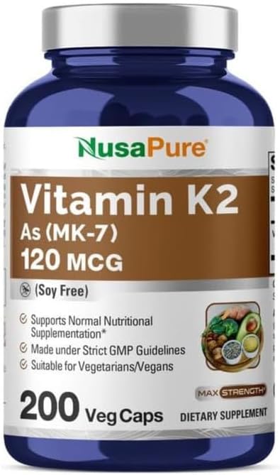 NusaPure Vitamin K2 MK7 120 mcg 200 Veggie Caps (Soy Free, Non-GMO, Vegan)