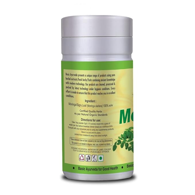 BASIC AYURVEDA Moringa Powder | 3.53 Oz (100g) | Organic Drumstick Tree Leaves Powder for Tea Drinks & Smoothies | Natural Source of Vitamin C | for Joint Support