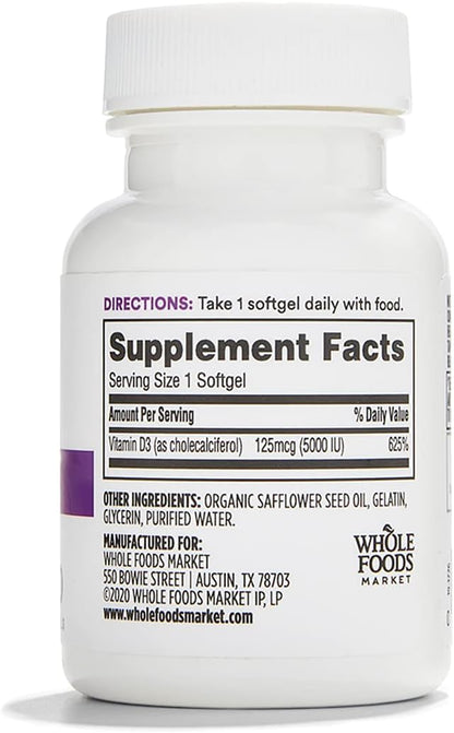 365 by Whole Foods Market, Vitamin D3 5000 IU, 120 Softgels, Package May Vary