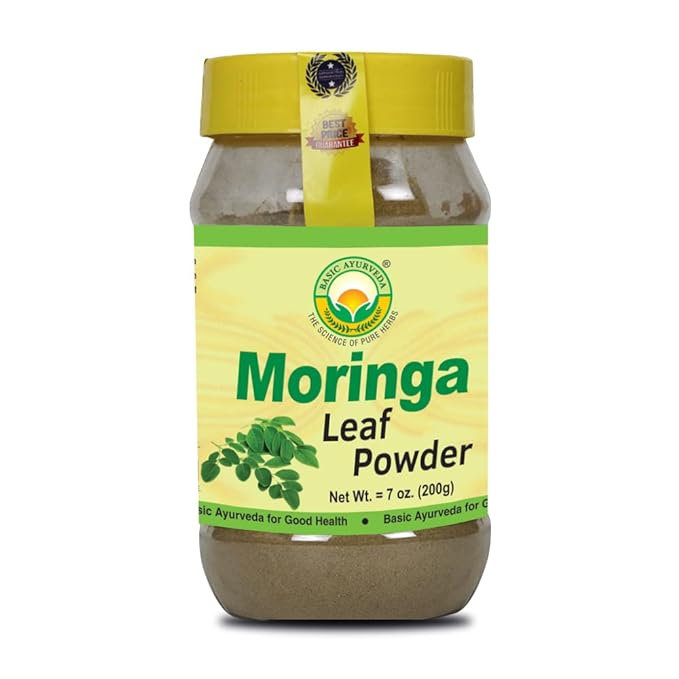 BASIC AYURVEDA Moringa Powder | 7.05 Oz (200g) | Organic Drumstick Tree Leaves Powder for Tea, Drinks, & Smoothies | Natural Source of Vitamin C | for Joint Support