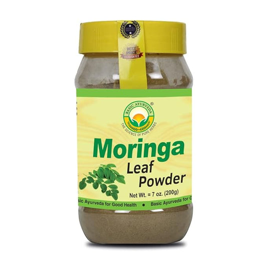 BASIC AYURVEDA Moringa Powder | 7.05 Oz (200g) | Organic Drumstick Tree Leaves Powder for Tea, Drinks, & Smoothies | Natural Source of Vitamin C | for Joint Support