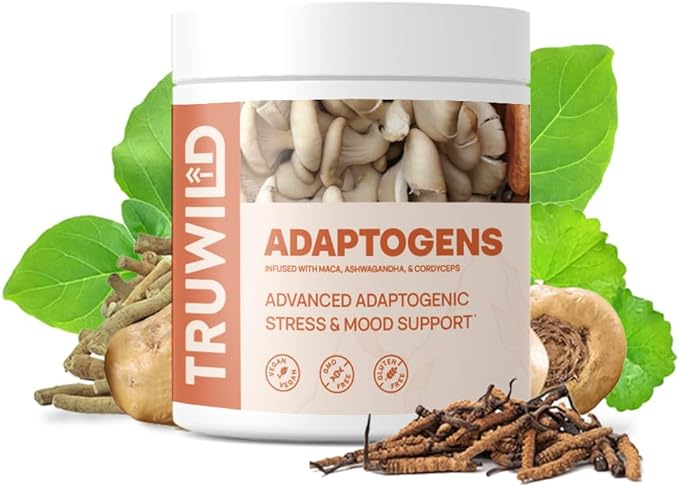 TruWild Adaptogen Blend with Cordyceps Maca Ashwagandha - Full Spectrum Mushroom Blend for Daily Support and Function – All Natural Formula with 7 Key Ingredients – 60 Capsules