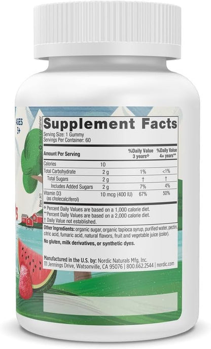 Nordic Naturals Vitamin D3 Gummies Kids, Wild Watermelon Splash - 60 Gummies - 400 IU Vitamin D3 - Bone Health, Healthy Immunity - Non-GMO, Vegetarian - 60 Servings