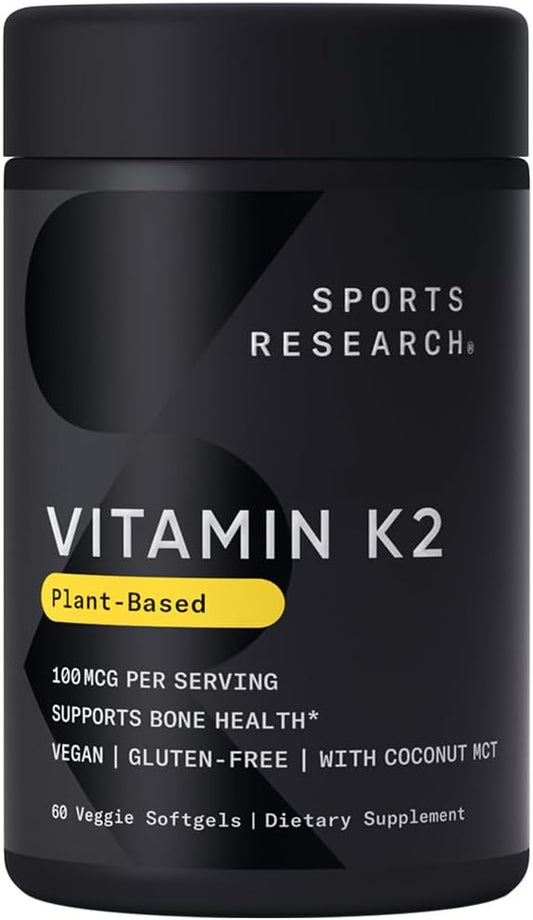 Sports Research Vitamin K2 as MK-7 100mcg with Coconut MCT Oil - 60 Veggie Softgels (2 Month Supply) Vegan Certified, Non-GMO Verified, Gluten & Soy Free - Citrus Aroma