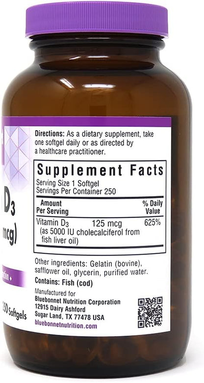 Bluebonnet Nutrition Vitamin D3 5000 IU Softgels, Aids in Muscle and Skeletal Growth, Cholecalciferol from Fish Oil, Non GMO, Gluten Free, Soy Free, Dairy Free, Yellow, 250 Softgels