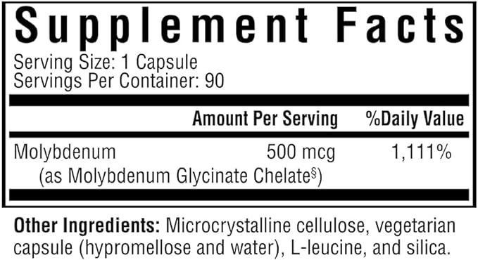 Seeking Health Molybdenum - Supplement with Molybdenum Glycinate Chelate - Supplement Supports Sulfite Metabolism & Cellular Health - Vegetarian and Vegan Molybdenum Capsules - 500 mcg, 90 Capsules