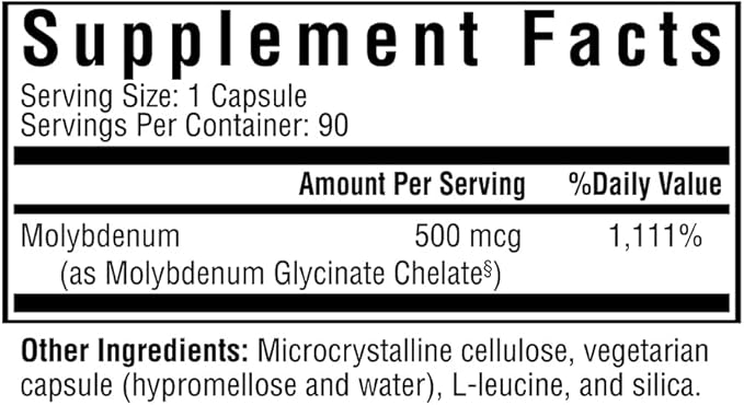 Seeking Health Molybdenum - Supplement with Molybdenum Glycinate Chelate - Supplement Supports Sulfite Metabolism & Cellular Health - Vegetarian and Vegan Molybdenum Capsules - 500 mcg, 90 Capsules