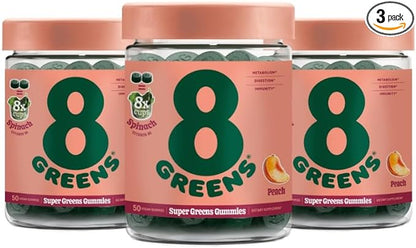 8Greens Daily Green Gummies - Superfood Booster, Energy & Immune Support, Made with Real Greens, High in Antioxidants, Greens Powder, Vitamin C, B12 - Peach Flavored, 50 Vegan Gummies, Pack of 3