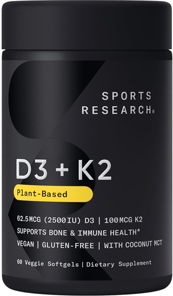 Sports Research® Vitamin D3 + K2 with Coconut MCT Oil | Vegan D3 2500iu (62.5mcg) & Plant Based Vitamin K2 Supplement | Vegan Certified, Soy & Gluten Free - 60 Softgels