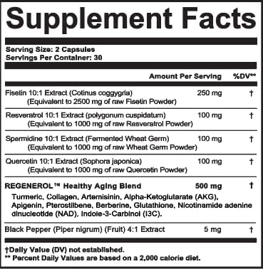 Fisetin 2500mg Resveratrol 1000mg Spermidine Wheat Germ 1000mg Quercetin 1000mg Supplement with Collagen, Glutathione, Berberine, NAD, Rhodiola, AKG, Apigenin, I3C Turmeric - Made in USA