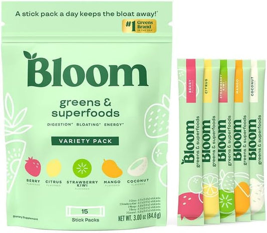 Bloom Nutrition Superfood Greens Powder Stick Packs, Digestive Enzymes with Probiotics and Prebiotics, Gut Health, Bloating Relief for Women, Chlorella, Green Juice Mix, 15 SVG, 5 Flavor Variety