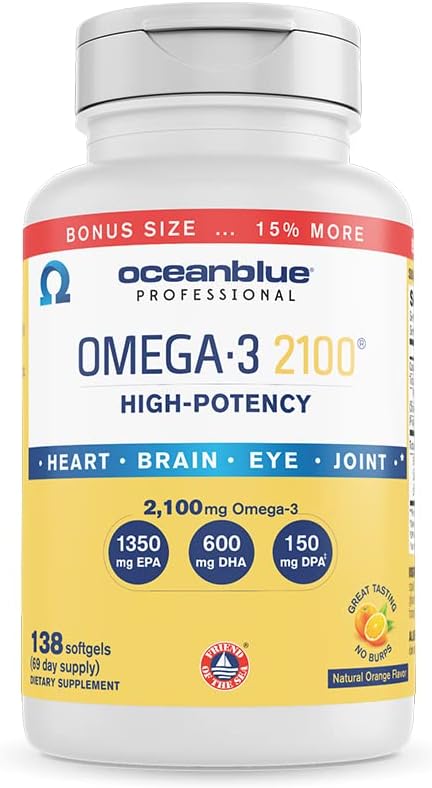 Oceanblue Professional Omega-3 2100 – 138 ct Bonus Bottle– Triple Strength Burpless Fish Oil Supplement with High-Potency EPA, DHA, DPA – Wild-Caught – Orange Flavor, 69 Servings