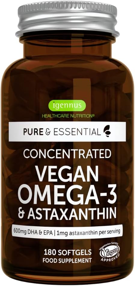 Pure & Essential Vegan Omega 3 & Astaxanthin, High Concentration EPA DHA Algae Oil, Sustainable & Pure, 600mg DHA & EPA for Heart, Brain & Eye Health, 180 Small Softgels