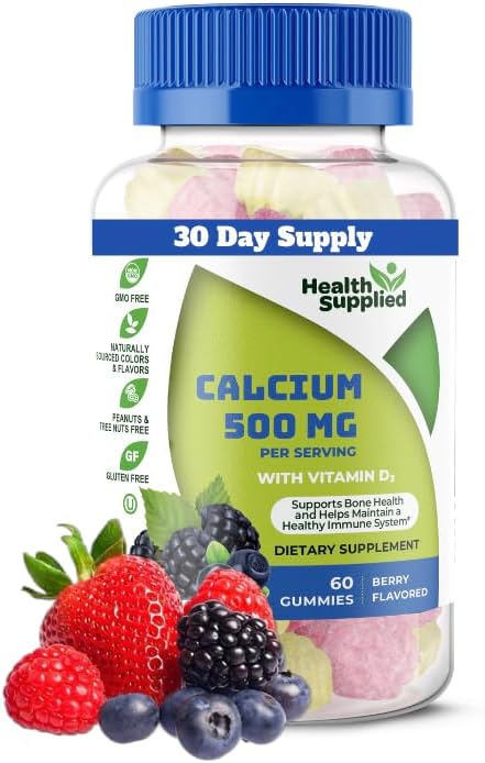 Calcium 500mg with Vitamin D3 1000 IU Gummies | Daily Dietary Supplement | Bone Strength, Growth, Teeth | for Adults, Teens, Kids | Great Tasting Natural Berry Flavor Vitamin Gummy