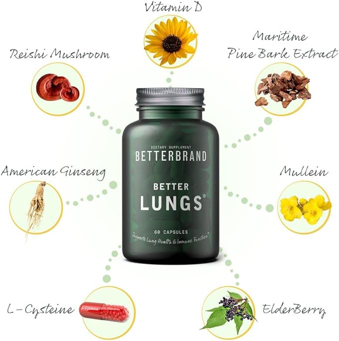 Betterbrand BetterLungs Daily Respiratory Health Supplement | with Mullein Leaf, Elderberry, Vitamin D, Ginseng and Reishi Mushroom | Lung Health, Allergy, Sinus, and Mucus Relief (60 Capsules)