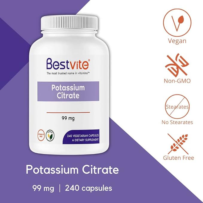 BESTVITE Potassium Citrate 99mg (240 Vegetarian Capsules) - No Stearates - Vegan - Gluten Free - Non GMO