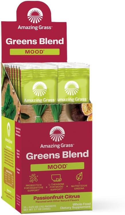 Amazing Grass Greens Blend Mood: Super Greens Powder Smoothie Mix for Mood, Relaxation & Stress Support with Organic Spirulina, Chlorella, Beet Root Powder, Digestive Enzymes & Probiotics, 15 Servings